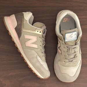 New Balance 574 Metallic Patch Womens 10 Retro Suede Running Shoes Grey/Pink